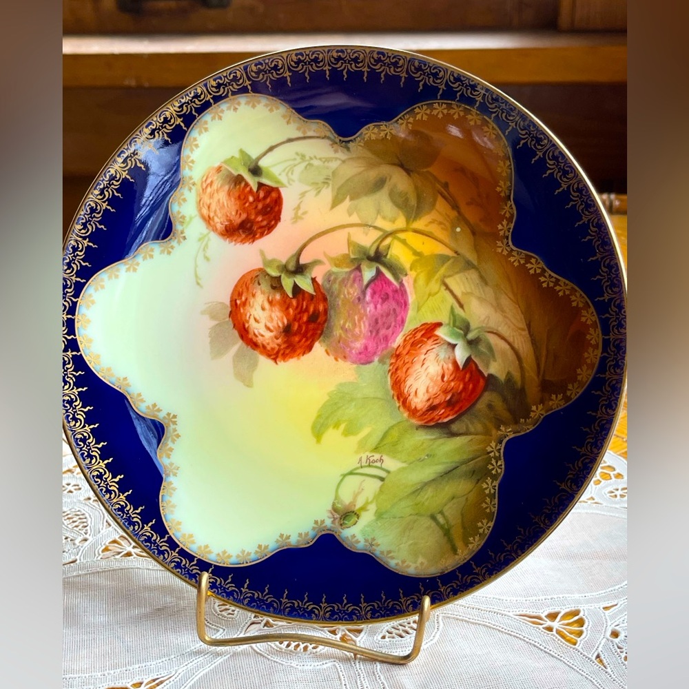 Vintage handpainted strawberry plate signed, Bavaria